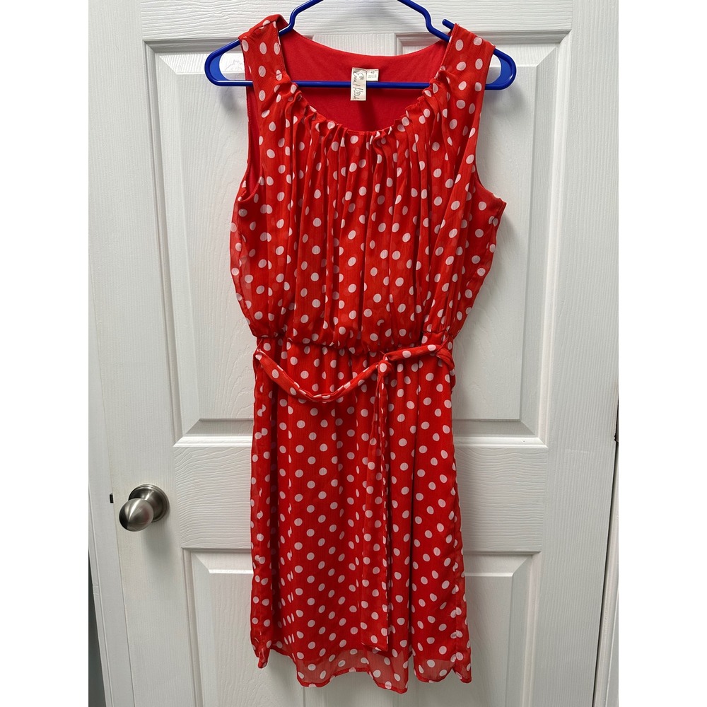 Emma & Michele Red Orange White Polka Dot Sleeveless Pleated Dress Womens 12